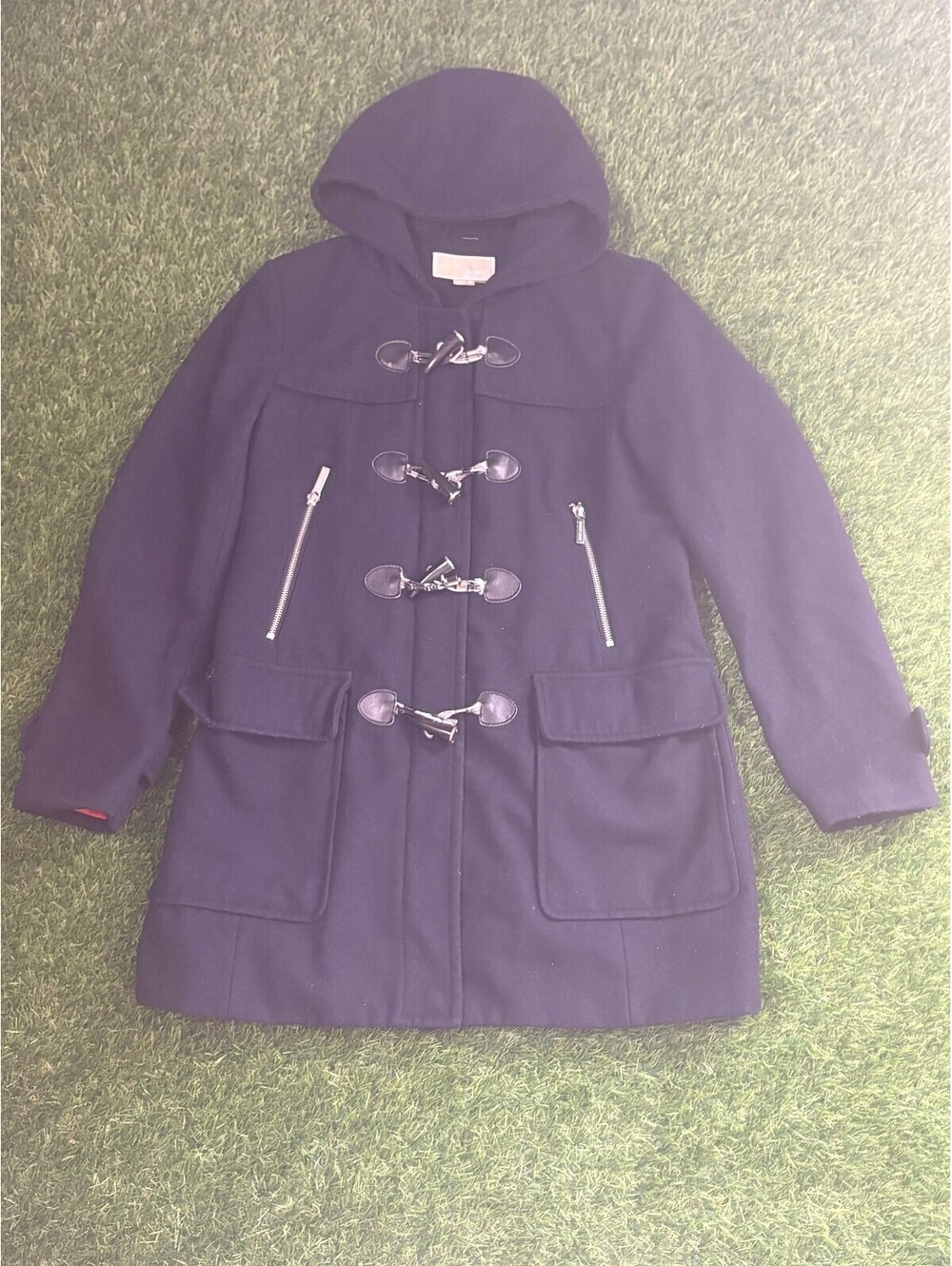 Vtg Michael Kors Navy 100% Wool Hooded Toggle Coat, Women's M